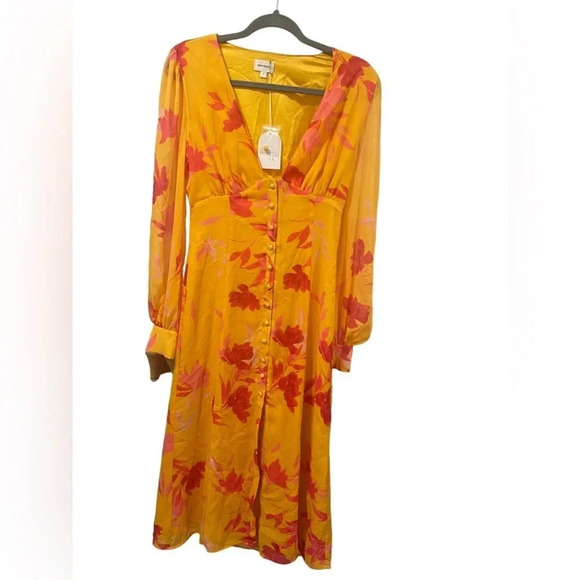 💃🏻Song of Style Kofi Midi Dress Yellow Floral Long Sleeve Button Front NWT S👗 - Picture 2 of 3